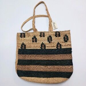 Magid Natural Jute Woven Large Tote Bag Leopard Stripe Round Boho Shopping